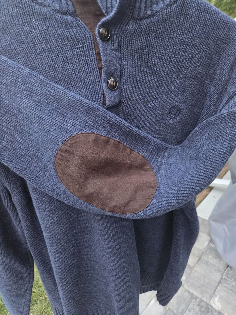 Chaps Sweater Men's XL Navy Cotton Button Mockneck Pullover Elbow Patches Preppy
